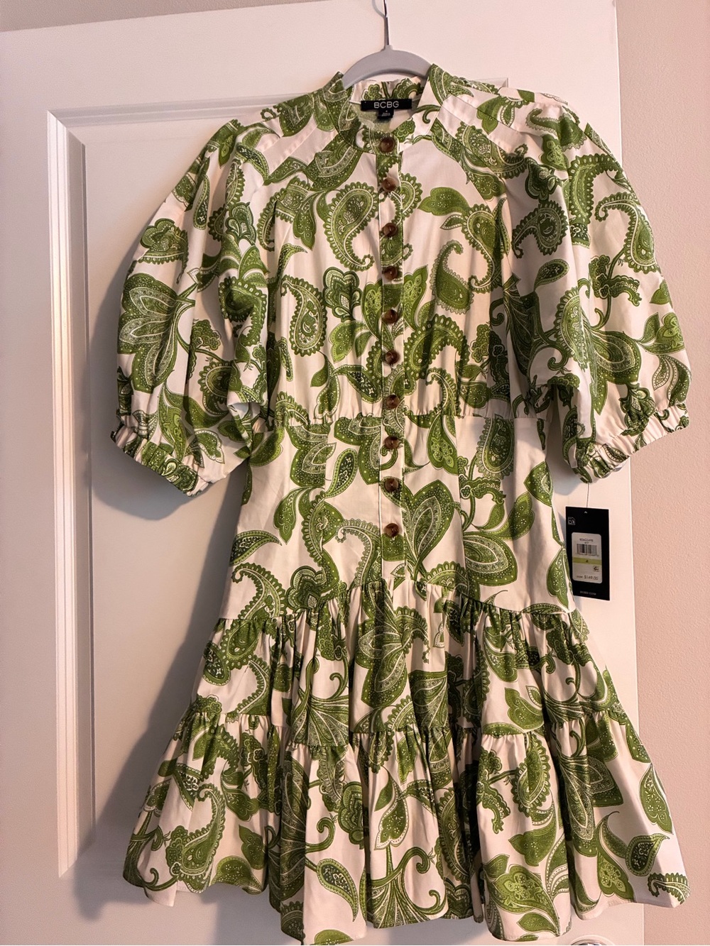 BCBG Green Paisley Puff Sleeve Dress - NWT